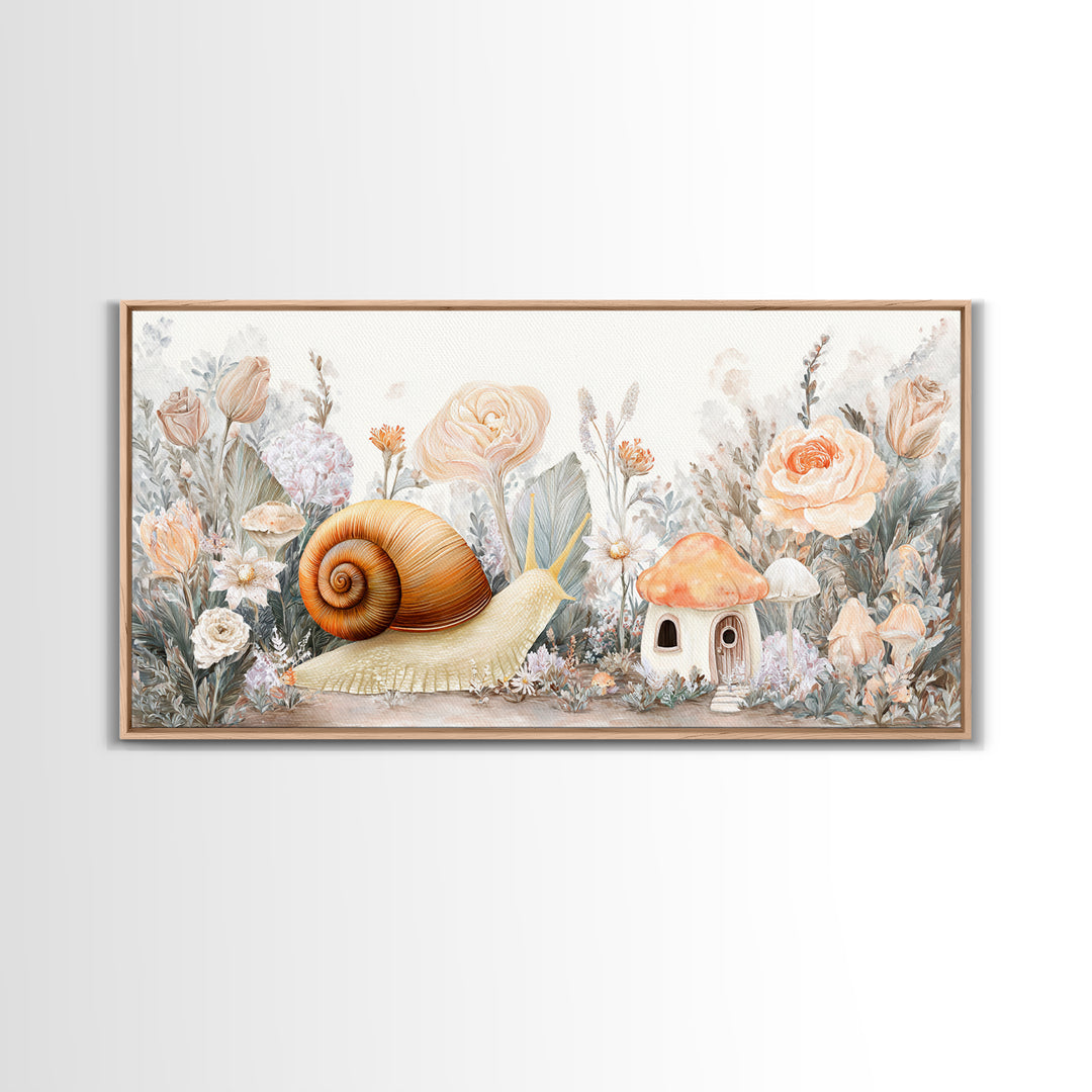 Garden Snail with Mushroom House Framed Canvas Print, Nursery Decor, Woodland Nursery, Watercolor Art, Nursery, NDE-2x1-19