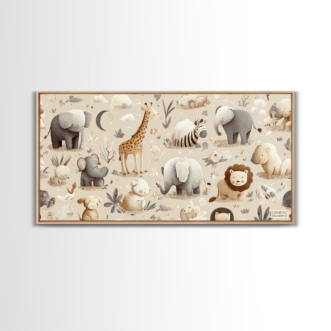 Cute Safari Animals Framed Canvas Print, Nursery Decor, Minimalist Decor, Fine Art, Nursery, Wall Decals, Nursery Wall Decor, NDE-2x1-24
