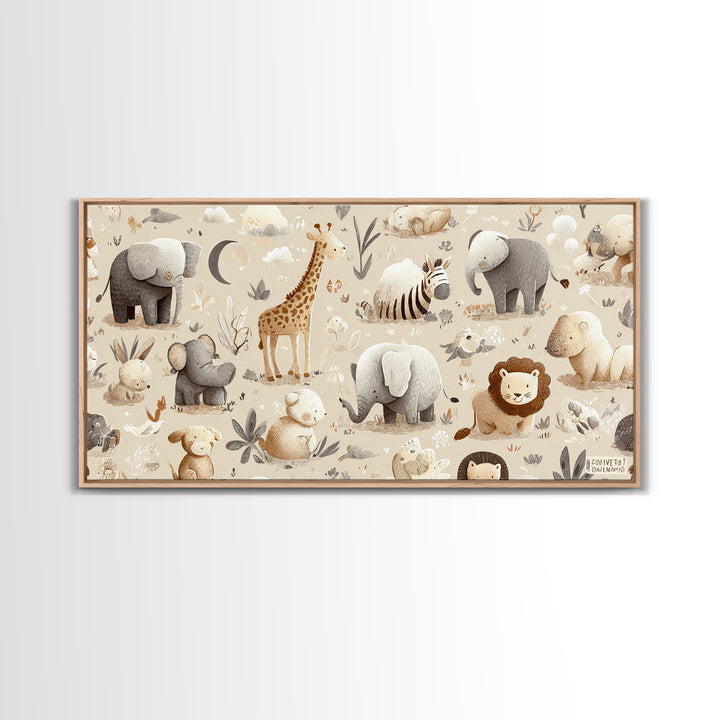 Cute Safari Animals Framed Canvas Print, Nursery Decor, Minimalist Decor, Fine Art, Nursery, Wall Decals, Nursery Wall Decor, NDE-2x1-24