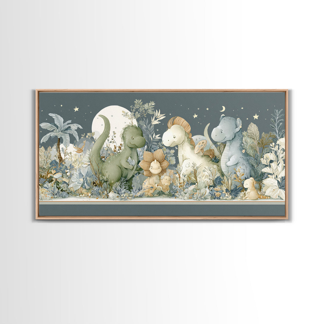 Gentle Dinosaur Family Framed Canvas Print, Nursery Decor, Boho Decor, Oil Painting, Nursery, Nursery Wall Art, Framed Wall Art, NDE-2x1-27