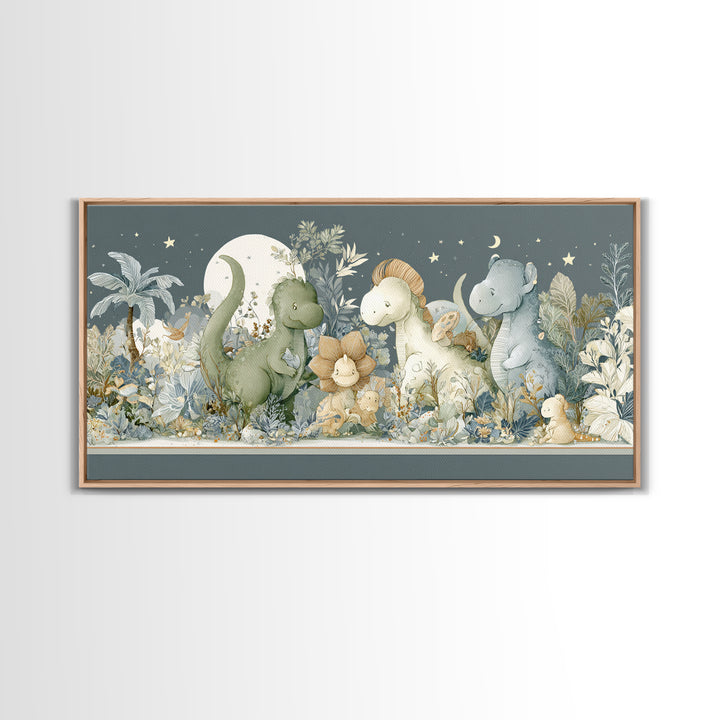 Gentle Dinosaur Family Framed Canvas Print, Nursery Decor, Boho Decor, Oil Painting, Nursery, Nursery Wall Art, Framed Wall Art, NDE-2x1-27