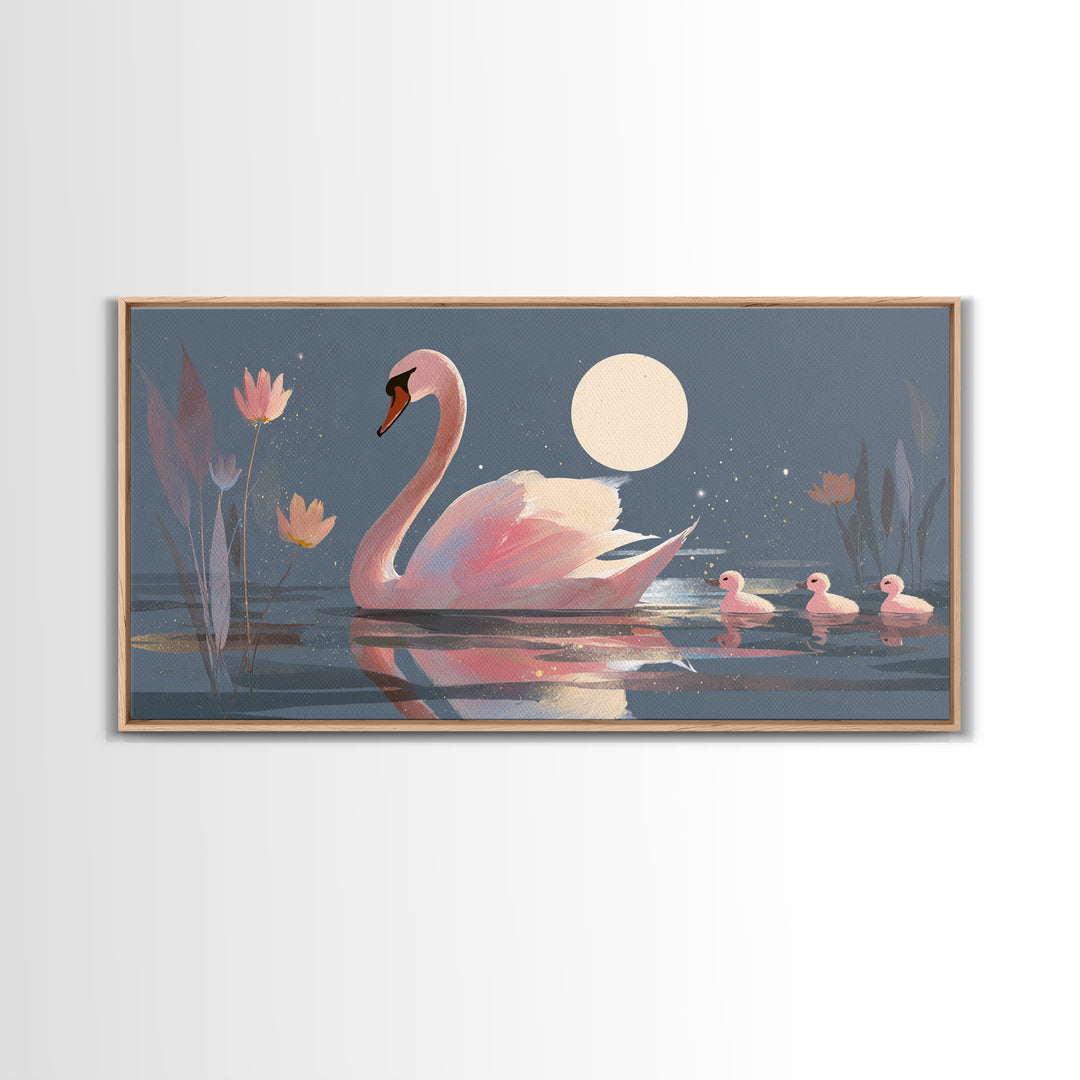 Pink Swan on Calm Pond Framed Canvas Print, Nursery Decor, Printable Wall Art, Nursery, Nursery Prints, Playroom Decor, NDE-2x1-33