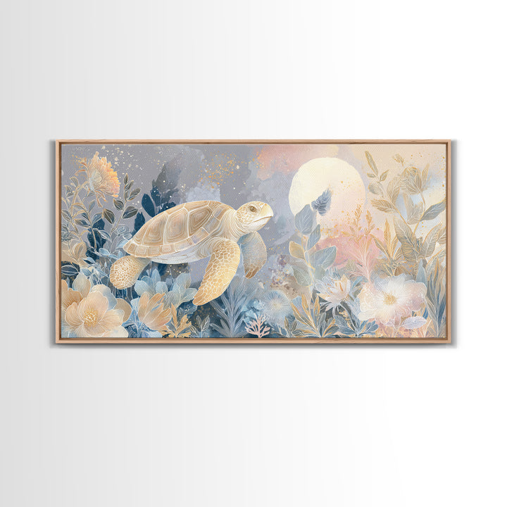 Tiny Turtle with Sea Plants Canvas Print, Nursery Decor, Nursery Wall Art, Oil Painting, Nursery, Botanical Wall Art, NDE-2x1-39