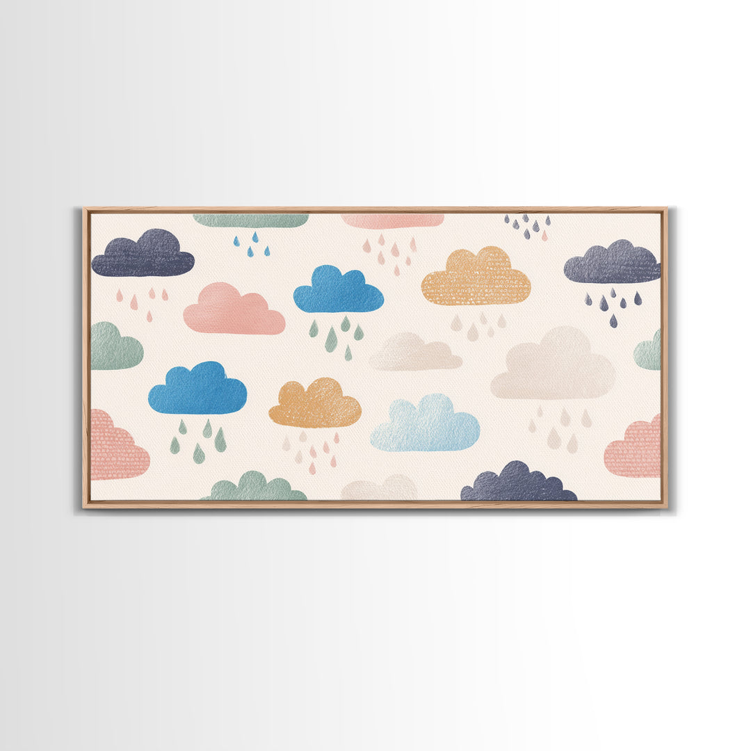Cloud Rainbow and Raindrop Composition Framed Canvas Print, Nursery Decor, Wall Decor, Nursery, Woodland Nursery Decor, NDE-2x1-40