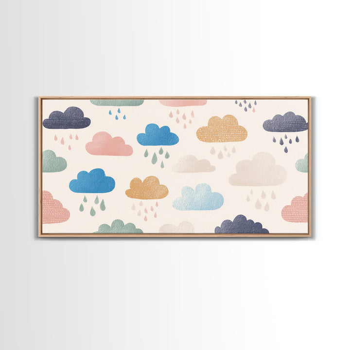 Cloud Rainbow and Raindrop Composition Framed Canvas Print, Nursery Decor, Wall Decor, Nursery, Woodland Nursery Decor, NDE-2x1-40