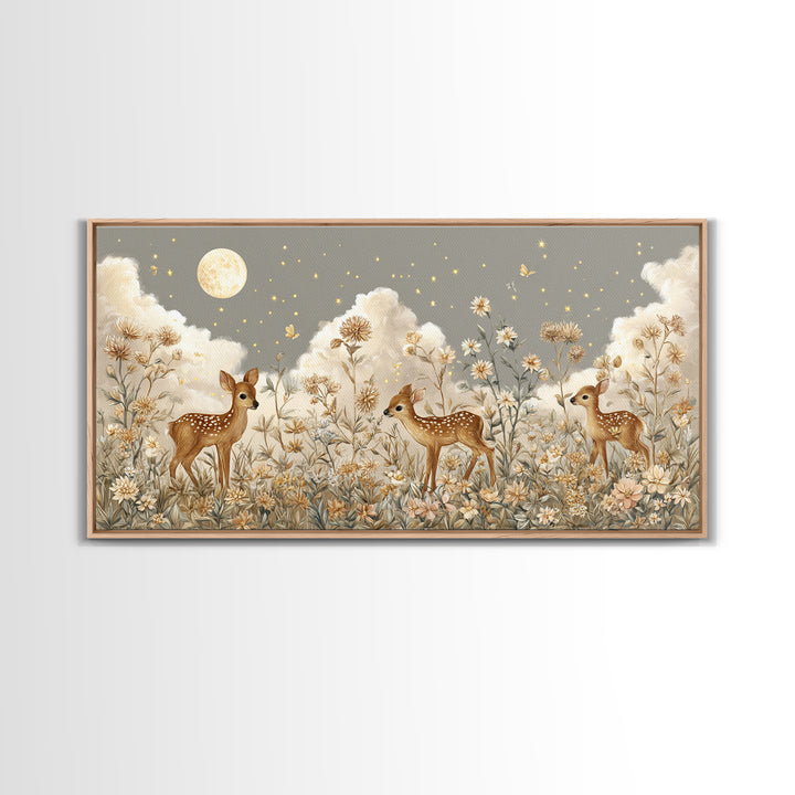 Baby Deer in Meadow with Fireflies Framed Canvas Print, Nursery Decor, Room Decor, Fine Art, Nursery, Framed Wall Art, NDE-2x1-42