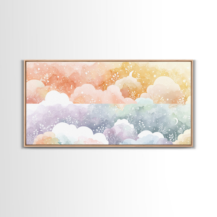 Pastel Rainbow with Soft Cloud Shapes Framed Canvas Print, Nursery Decor, Nursery Wall Decor, Nursery, Nursery Name Sign, NDE-2x1-45