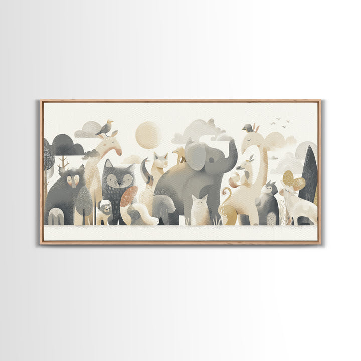 Woodland Animal Parade Framed Canvas Print, Nursery Decor, Wall Decor, Nursery, Woodland Nursery Decor, Nursery Prints, NDE-2x1-46