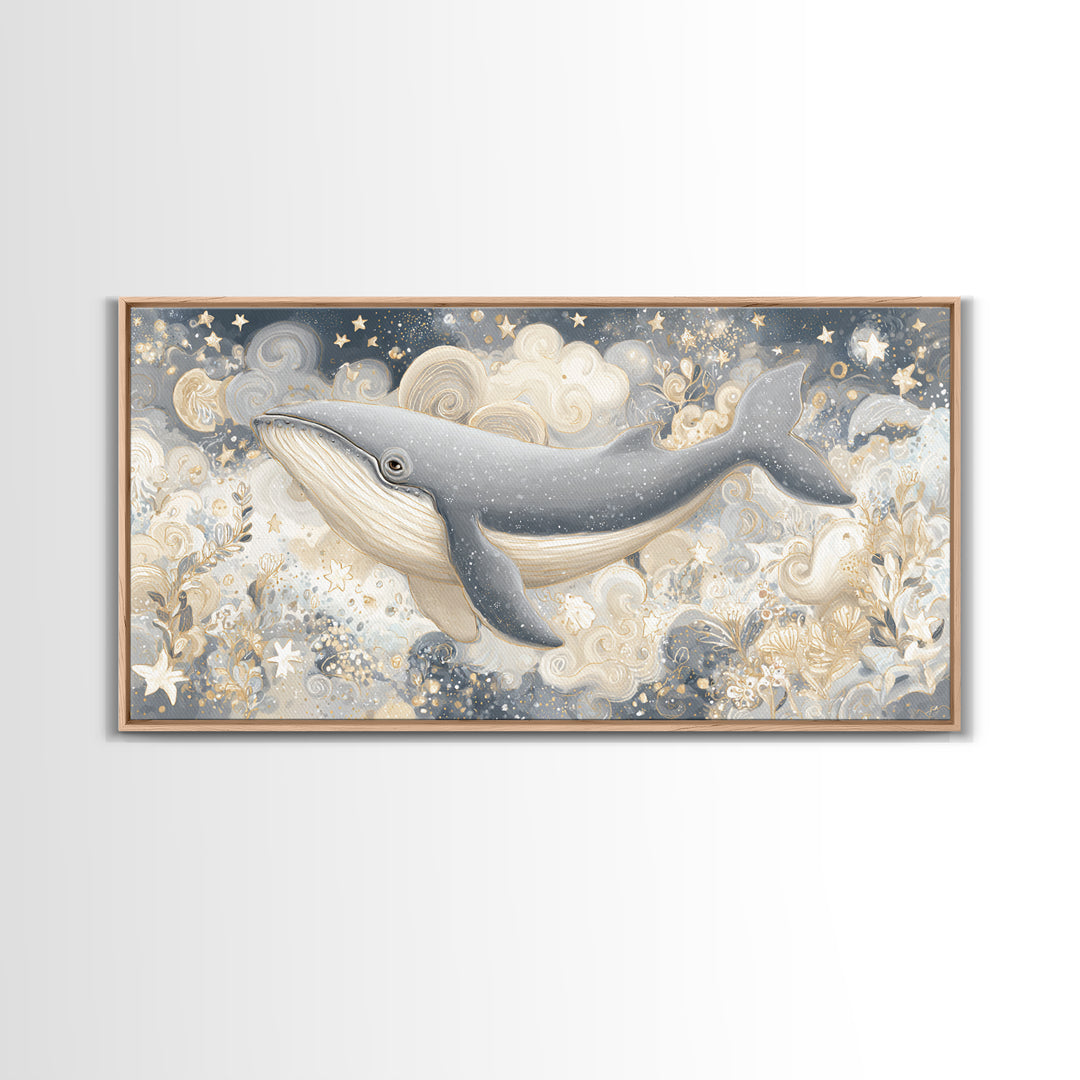 Baby Whale Swimming Through Stars Canvas Print, Nursery Decor, Canvas, Fine Art, Nursery, Playroom Decor, Floral Wall Art, NDE-2x1-52