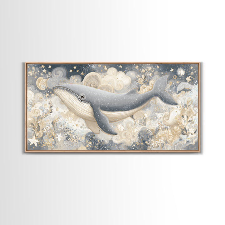 Baby Whale Swimming Through Stars Canvas Print, Nursery Decor, Canvas, Fine Art, Nursery, Playroom Decor, Floral Wall Art, NDE-2x1-52