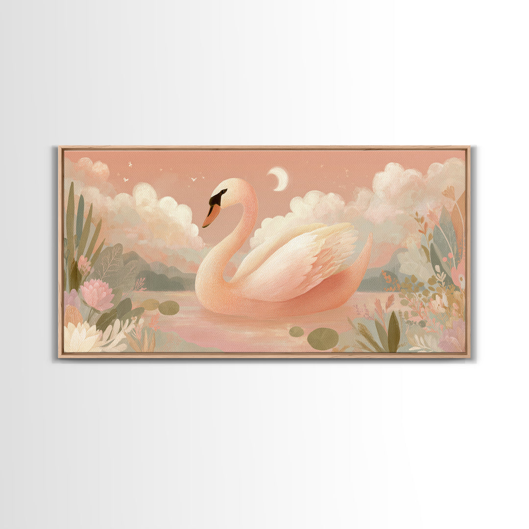 Pink Swan on Calm Pond Canvas Print, Nursery Decor, Wall Decal, Fine Art, Nursery, Wall Light, Baby Girl Nursery Decor, NDE-2x1-57