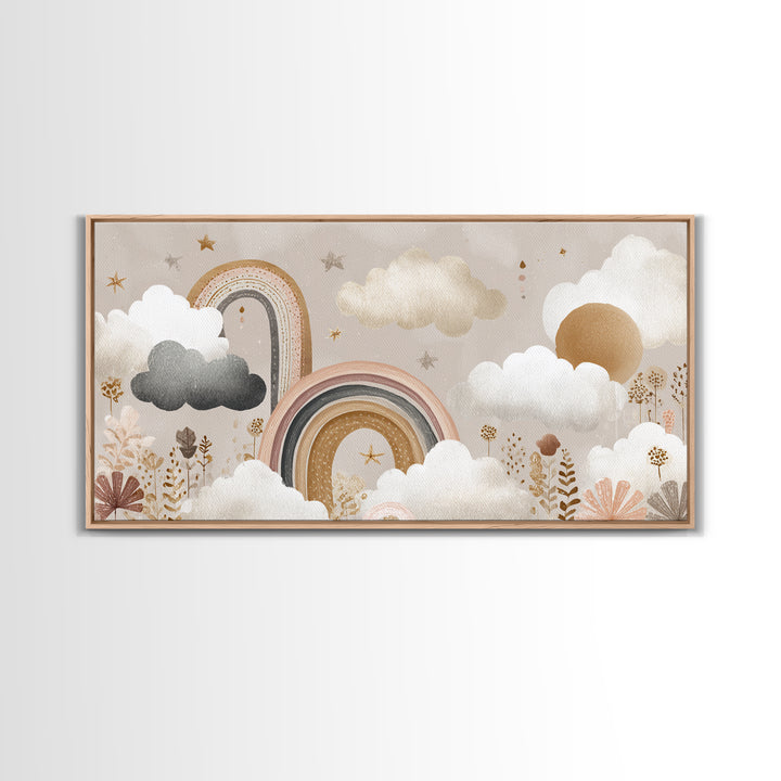 Cloud Rainbow and Raindrop Composition Canvas Print, Nursery Decor, Framed Wall Art, Fine Art, Nursery, Safari Nursery Decor, NDE-2x1-64