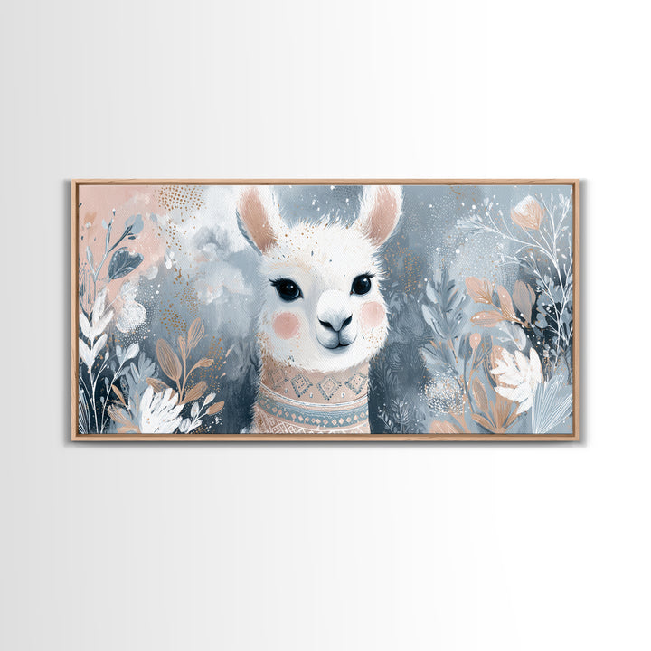 Cute Llama with Blanket Pattern Framed Canvas Print, Nursery Decor, Wall Decals, Abstract Art, Nursery, Girl Nursery Decor, NDE-2x1-65