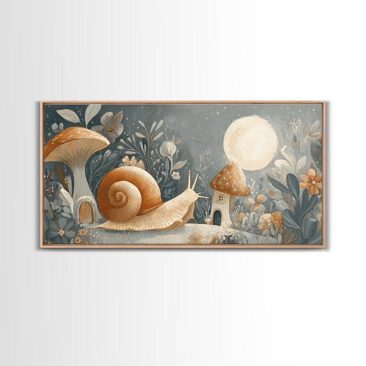 Garden Snail with Mushroom House Framed Canvas Print, Nursery Decor, Gallery Decor, Fine Art, Nursery, Wall Art, Home Decor, NDE-2x1-67