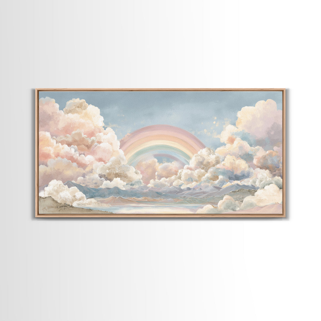 Pastel Rainbow with Soft Cloud Shapes Canvas Print, Nursery Decor, Floral Wall Art, Abstract Art, Nursery, Gallery Decor, NDE-2x1-69