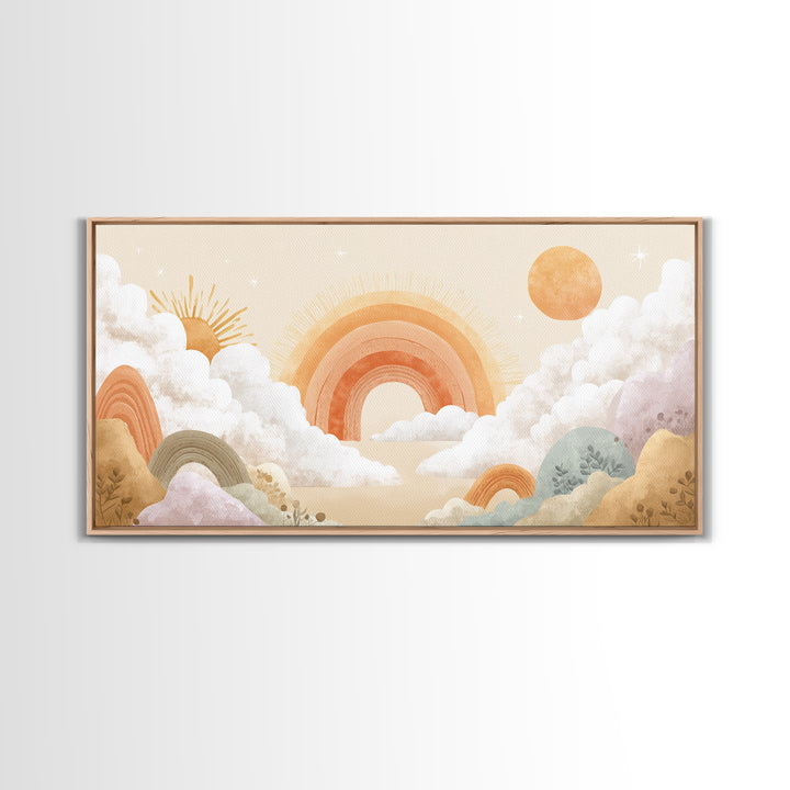 Neutral Boho Sun and Arch Shapes Framed Canvas Print, Nursery Decor, Canvas, Abstract Art, Nursery, Playroom Decor, NDE-2x1-7