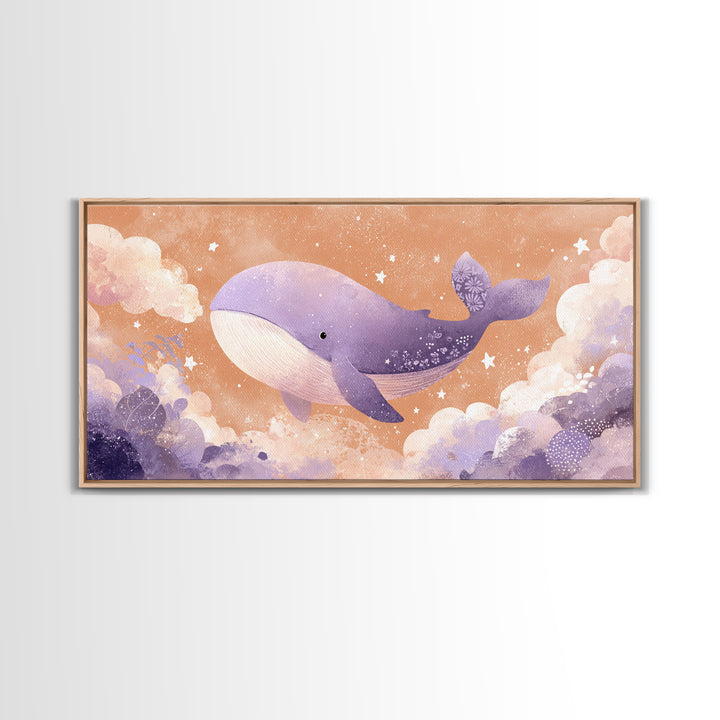Baby Whale Swimming Through Stars Canvas Print, Nursery Decor, Nursery Prints, Fine Art, Nursery, Nursery Wall Decal, NDE-2x1-76
