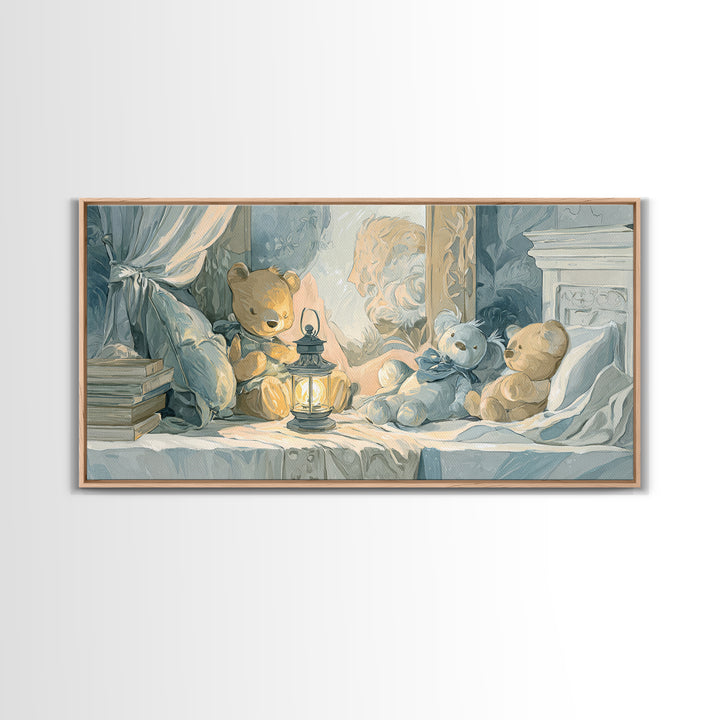Storybook Bear with Little Lantern Canvas Print, Nursery Decor, Wall, Oil Painting, Nursery, Nursery Wall Decals, NDE-2x1-77