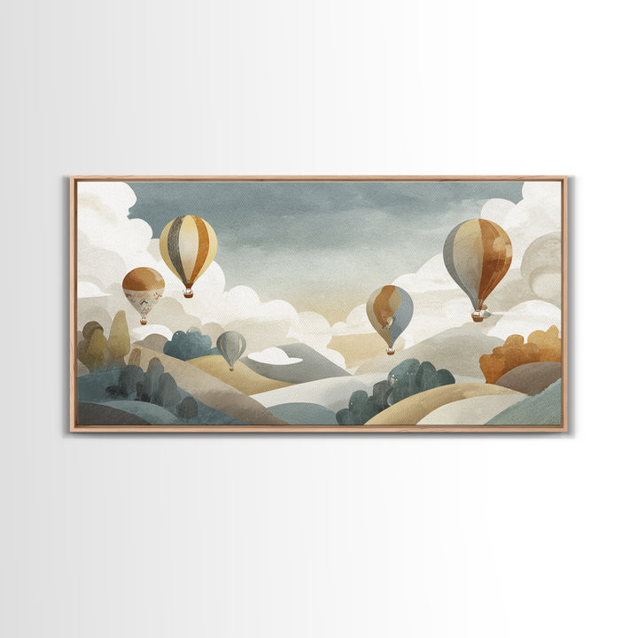 Hot Air Balloon Drifting Framed Canvas Print, Nursery Decor, Playroom Decor, Nursery, Boy Nursery Decor, Gallery Decor, NDE-2x1-80
