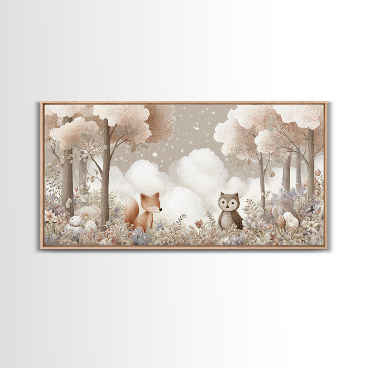 Fox and Owl Friends Canvas Print, Nursery Decor, Canvas, Fine Art, Nursery, Playroom Decor, Floral Wall Art, Botanical Wall Art, NDE-2x1-82