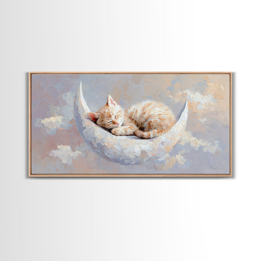 Sleeping Kitten on Crescent Moon Framed Canvas Print, Nursery Decor, Nursery Prints, Fine Art, Nursery, Nursery Wall Decal, NDE-2x1-85