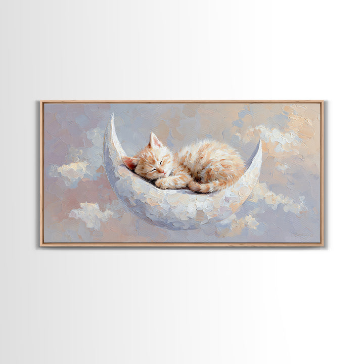 Sleeping Kitten on Crescent Moon Framed Canvas Print, Nursery Decor, Nursery Prints, Fine Art, Nursery, Nursery Wall Decal, NDE-2x1-85