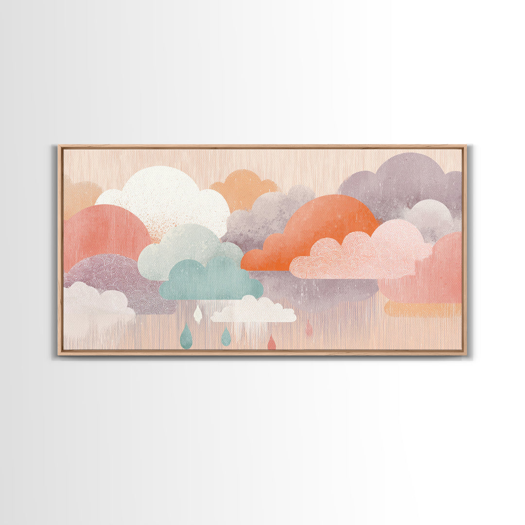 Cloud Rainbow and Raindrop Composition Framed Canvas Print, Nursery Decor, Nursery Art, Fine Art, Nursery, Kids Wall Art, NDE-2x1-88