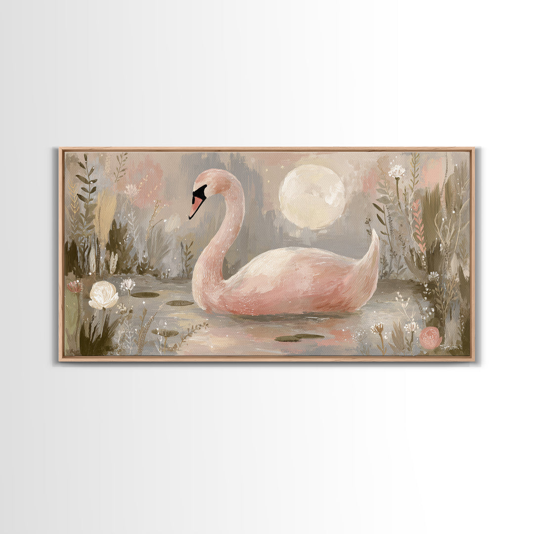 Pink Swan on Calm Pond Framed Canvas Print, Nursery Decor, Printable Wall Art, Nursery, Nursery Prints, Playroom Decor, NDE-2x1-9