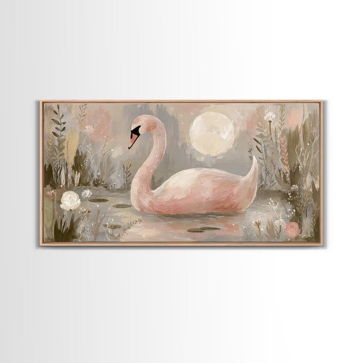 Pink Swan on Calm Pond Framed Canvas Print, Nursery Decor, Printable Wall Art, Nursery, Nursery Prints, Playroom Decor, NDE-2x1-9