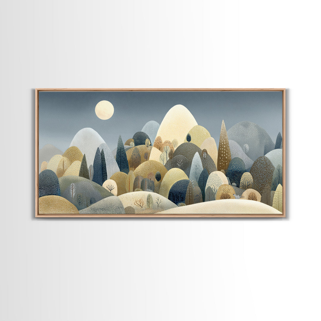 Calm Mountain Nursery Landscape Framed Canvas Print, Nursery Decor, Wall, Nursery, Nursery Wall Decals, Woodland Nursery, NDE-2x1-92