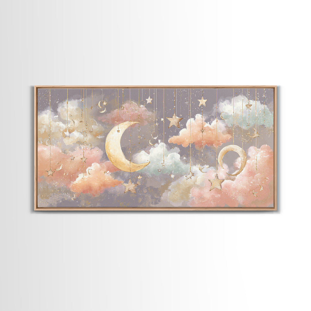 Moon Phase Mobile Framed Canvas Print, Nursery Decor, Neutral Decor, Fine Art, Nursery, Home Decor, Wall Decor, Art Print, NDE-2x1-95