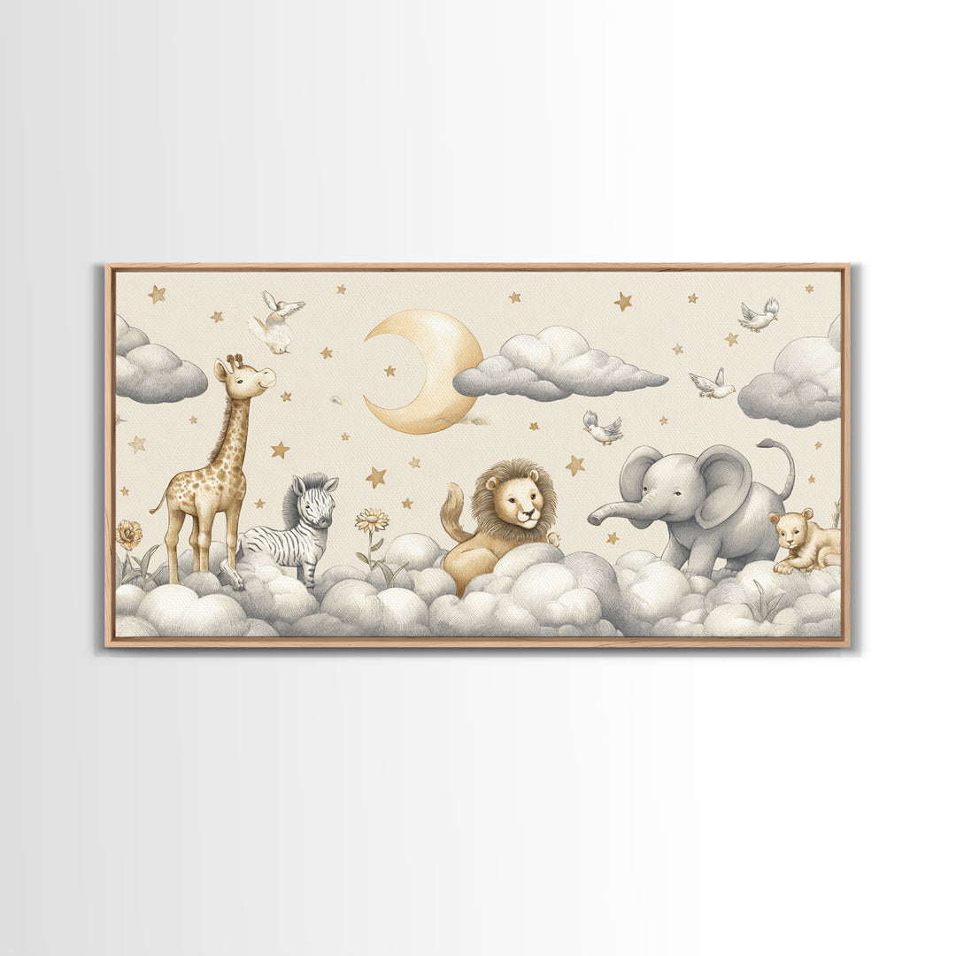 Cute Safari Animals Framed Canvas Print, Nursery Decor, Floral Wallpaper, Oil Painting, Nursery, Fine Art Print, NDE-2x1-96