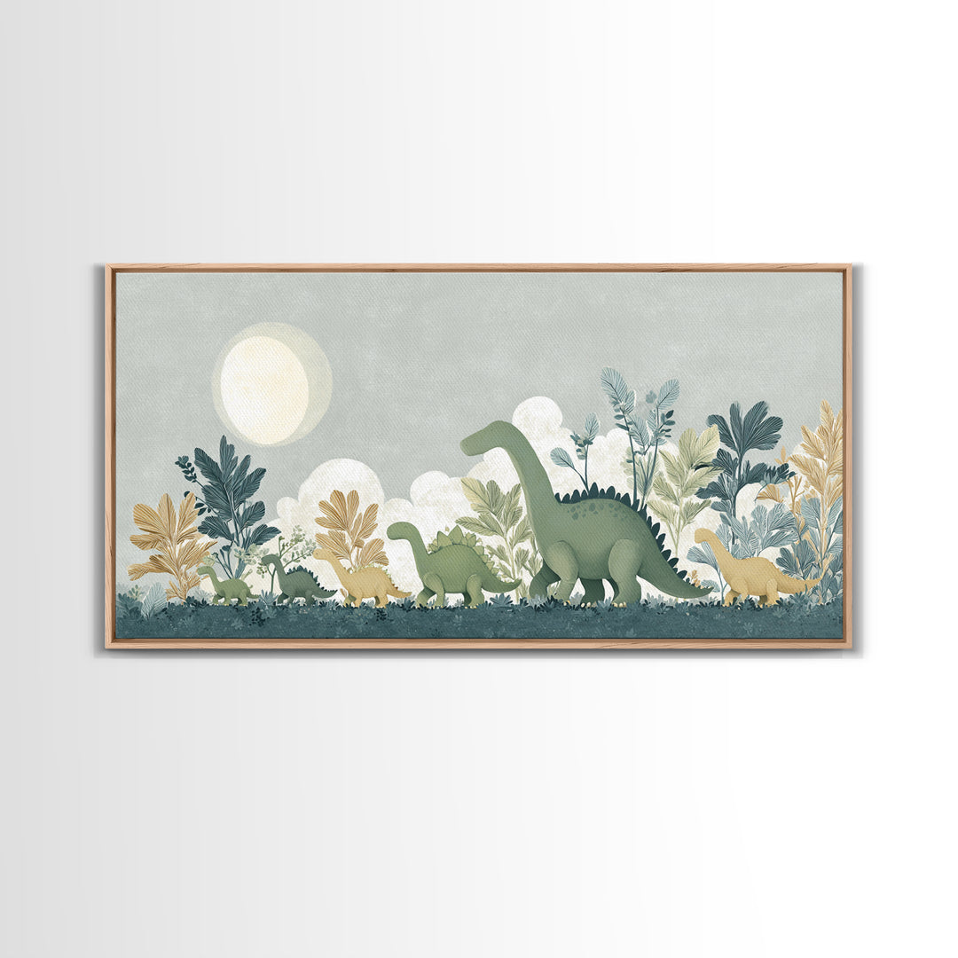 Gentle Dinosaur Family Framed Canvas Print, Nursery Decor, Floral Wall Art, Fine Art, Nursery, Gallery Decor, Neutral Decor, NDE-2x1-99