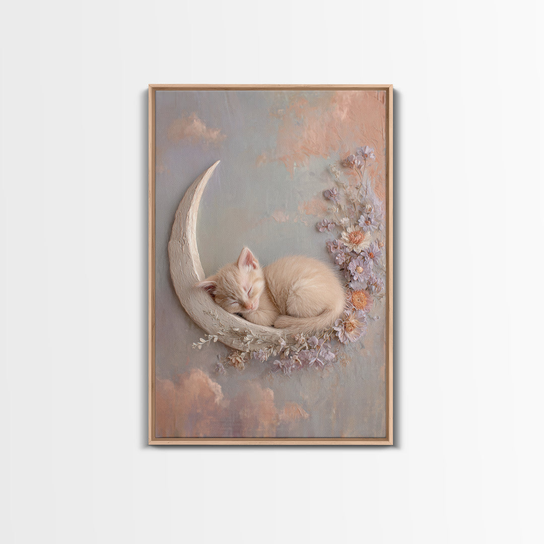 Sleeping Kitten on Crescent Moon Framed Canvas Print, Nursery Decor, Framed Wall Art, Fine Art, Nursery, Safari Nursery Decor, NDE-2x3-1