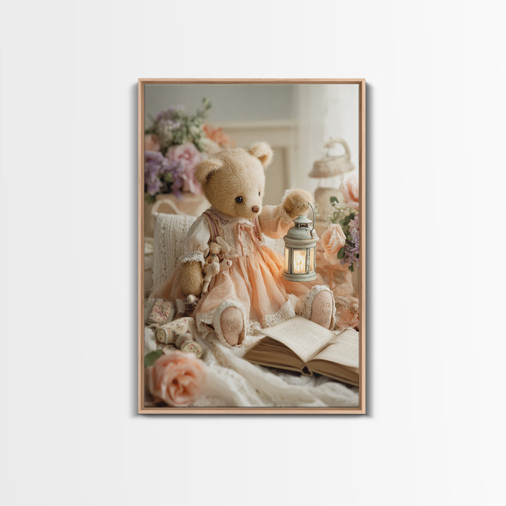 Storybook Bear with Little Lantern Framed Canvas Print, Nursery Decor, Wall Decals, Abstract Art, Nursery, Girl Nursery Decor, NDE-2x3-17