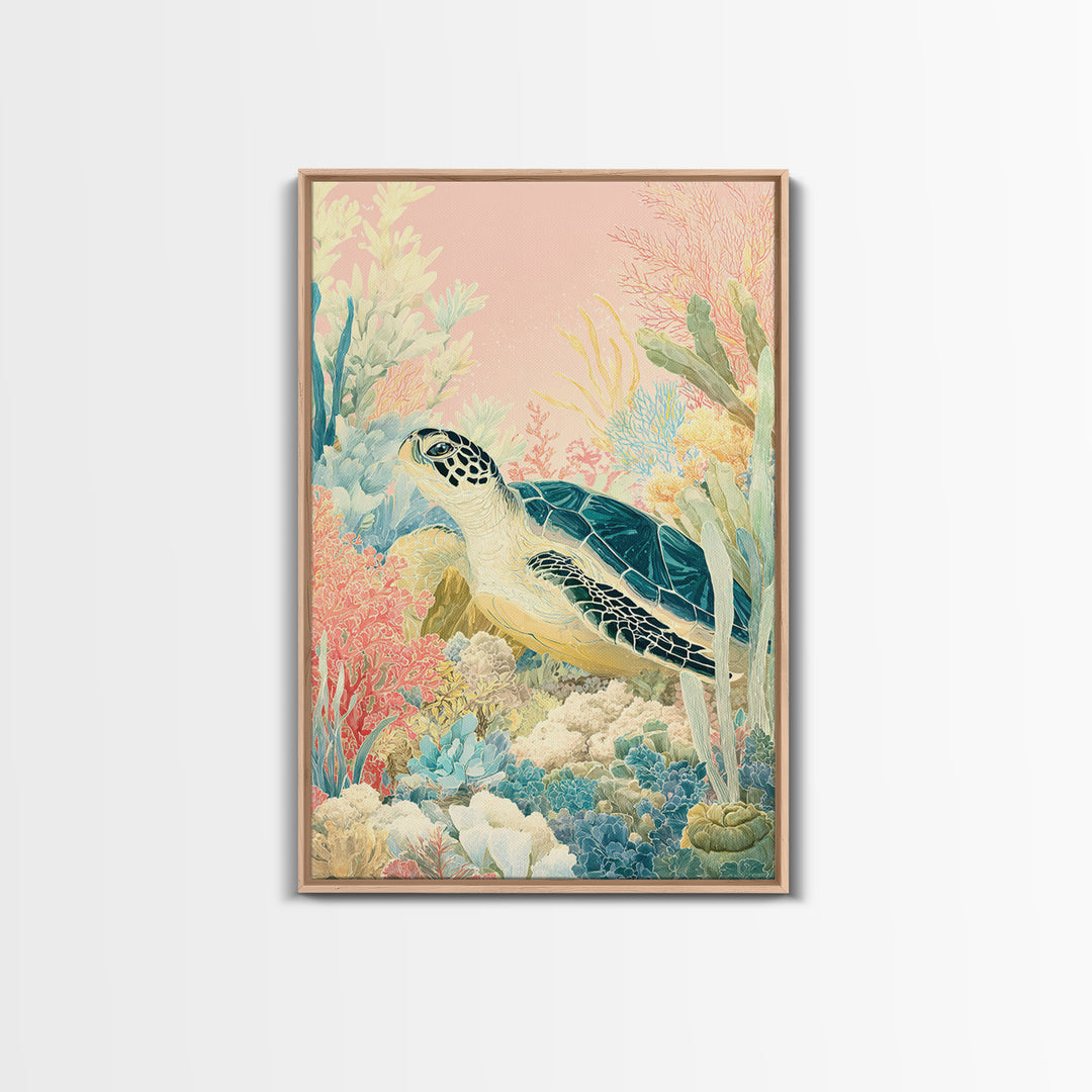Tiny Turtle with Sea Plants Framed Canvas Print, Nursery Decor, Room Decor, Fine Art, Nursery, Framed Wall Art, Bedroom Decor, NDE-2x3-3
