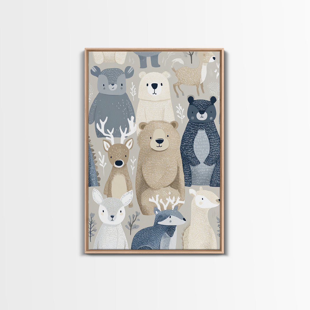 Woodland Animal Parade Framed Canvas Print, Nursery Decor, Canvas, Fine Art, Nursery, Playroom Decor, Floral Wall Art, NDE-2x3-34