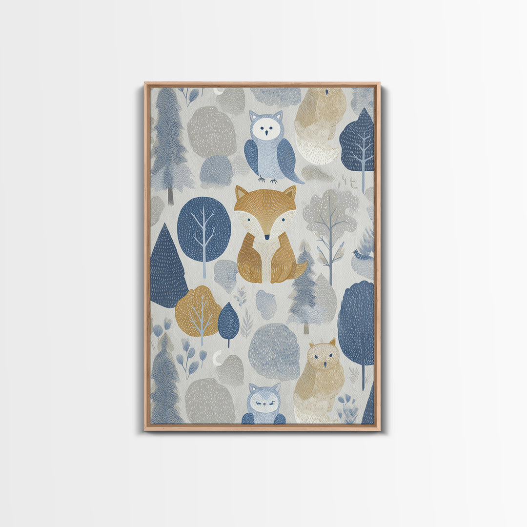 Fox and Owl Friends Framed Canvas Print, Nursery Decor, Wall Decor, Fine Art, Nursery, Woodland Nursery Decor, Nursery Prints, NDE-2x3-46
