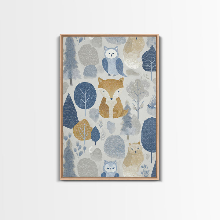 Fox and Owl Friends Framed Canvas Print, Nursery Decor, Wall Decor, Fine Art, Nursery, Woodland Nursery Decor, Nursery Prints, NDE-2x3-46