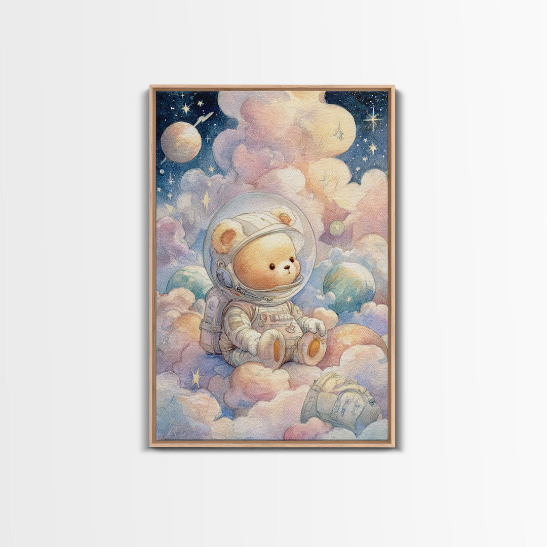 Little Astronaut Bear Framed Canvas Print, Nursery Decor, Wall Decals, Abstract Art, Nursery, Girl Nursery Decor, NDE-2x3-47