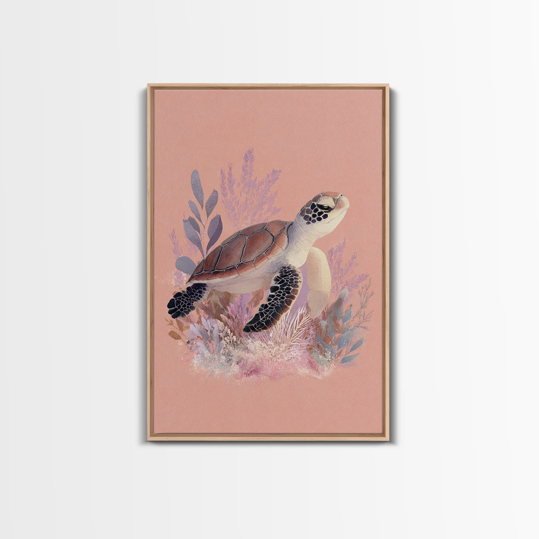Tiny Turtle with Sea Plants Framed Canvas Print, Nursery Decor, Nursery Wall Art, Oil Painting, Nursery, Botanical Wall Art, NDE-2x3-51