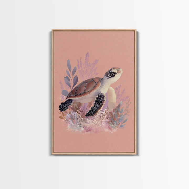Tiny Turtle with Sea Plants Framed Canvas Print, Nursery Decor, Nursery Wall Art, Oil Painting, Nursery, Botanical Wall Art, NDE-2x3-51
