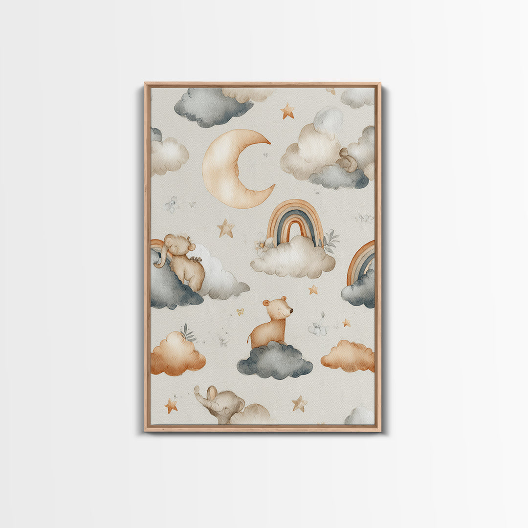 Cloud Rainbow and Raindrop Composition Framed Canvas Print, Nursery Decor, Wall Decor, Nursery, Woodland Nursery Decor, NDE-2x3-52