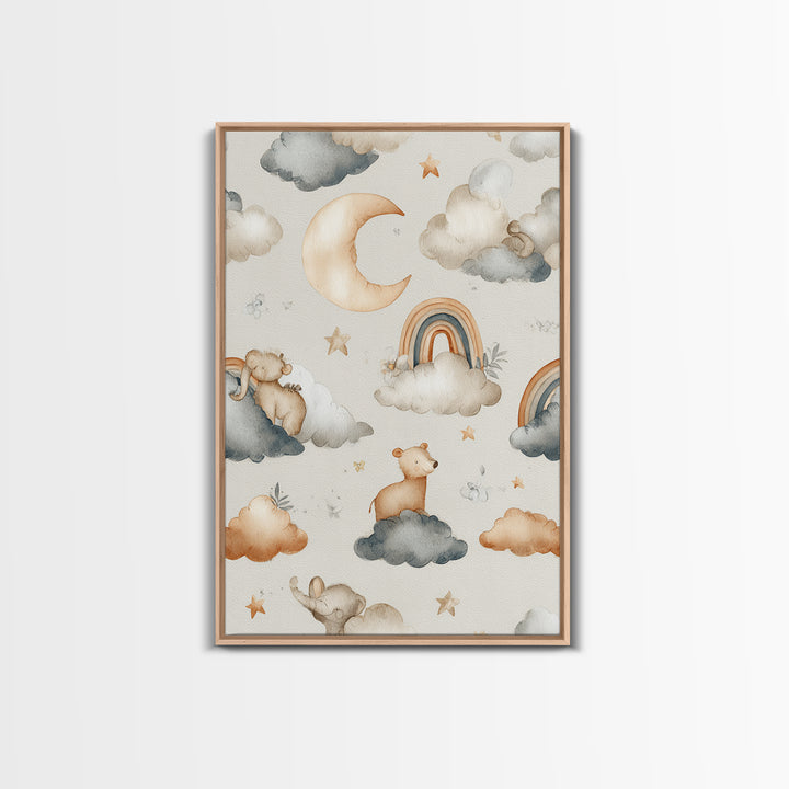 Cloud Rainbow and Raindrop Composition Framed Canvas Print, Nursery Decor, Wall Decor, Nursery, Woodland Nursery Decor, NDE-2x3-52