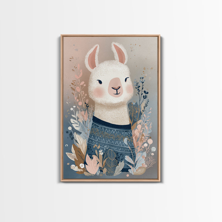 Cute Llama with Blanket Pattern Framed Canvas Print, Nursery Decor, Wall, Oil Painting, Nursery, Nursery Wall Decals, NDE-2x3-53