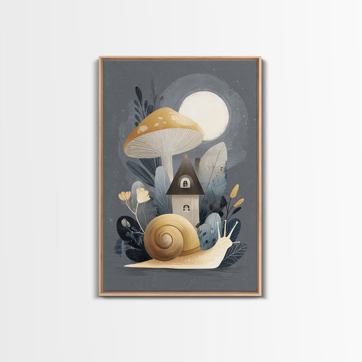 Garden Snail with Mushroom House Framed Canvas Print, Nursery Decor, Framed Wall Art, Oil Painting, Nursery, NDE-2x3-55