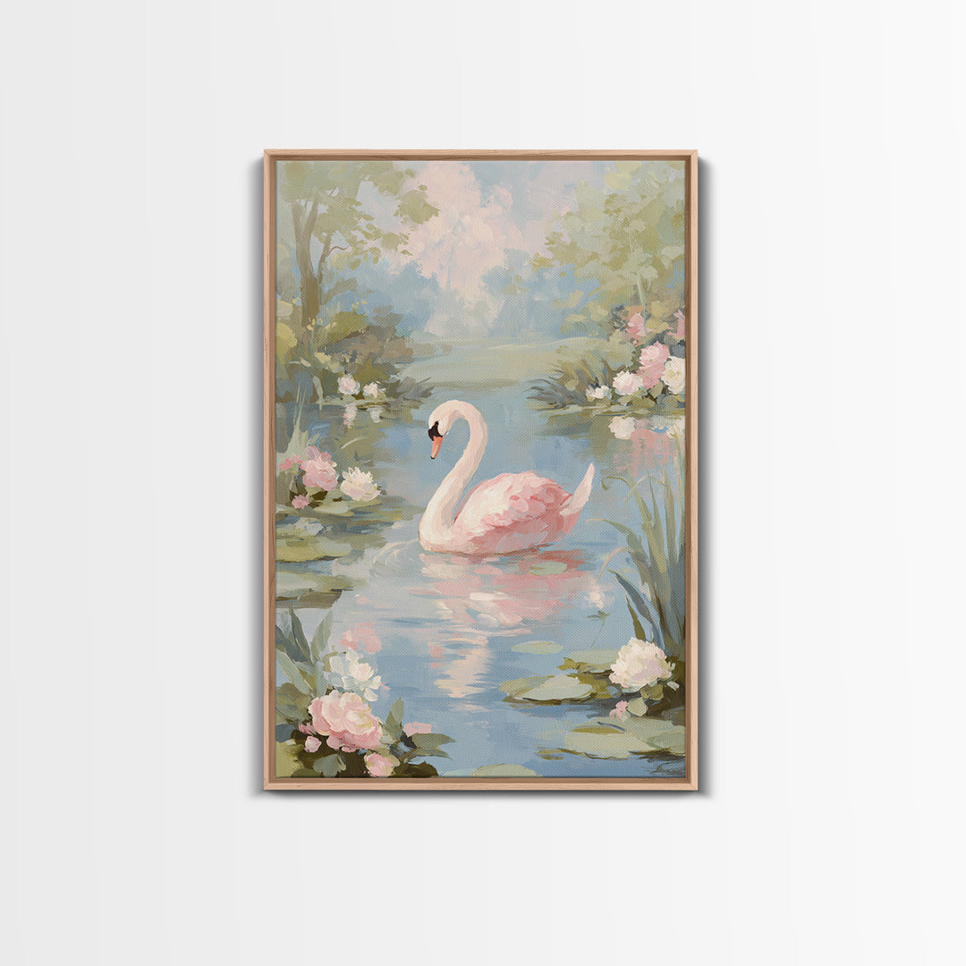Pink Swan on Calm Pond Framed Canvas Print, Nursery Decor, Floral Wall Art, Fine Art, Nursery, Gallery Decor, Neutral Decor, NDE-2x3-69