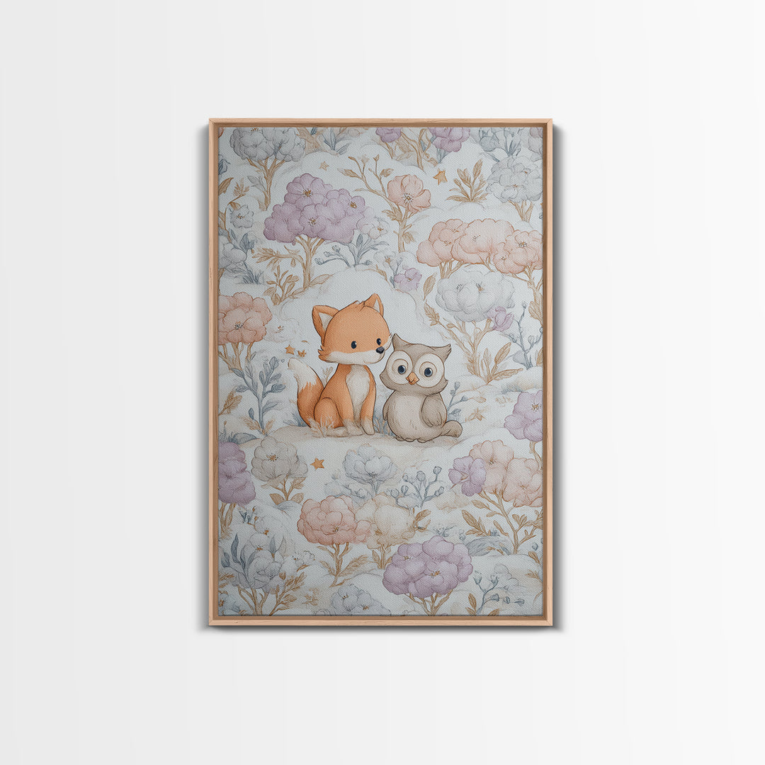 Fox and Owl Friends Canvas Print, Nursery Decor, Framed Wall Art, Oil Painting, Nursery, Safari Nursery Decor, Floral Wallpaper, NDE-2x3-70