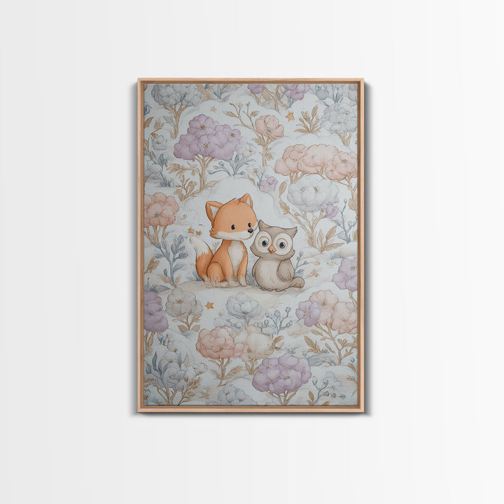 Fox and Owl Friends Canvas Print, Nursery Decor, Framed Wall Art, Oil Painting, Nursery, Safari Nursery Decor, Floral Wallpaper, NDE-2x3-70