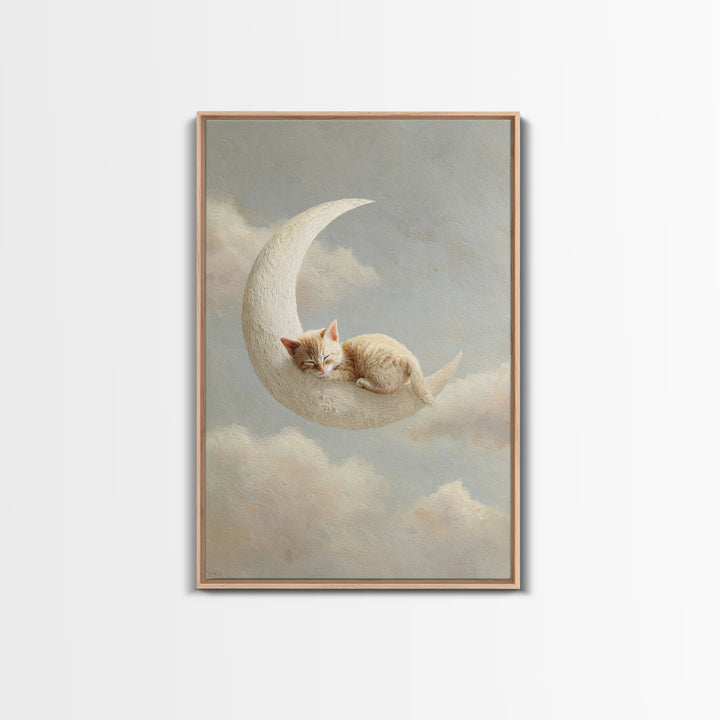 Sleeping Kitten on Crescent Moon Framed Canvas Print, Nursery Decor, Botanical Wall Art, Fine Art, Nursery, Neutral Decor, NDE-2x3-73